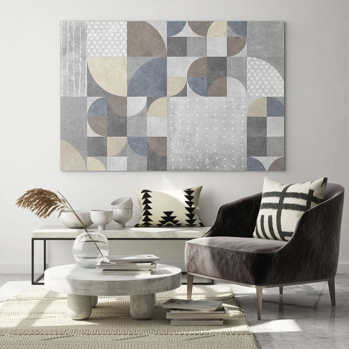 Glass picture - Abstract geometric composition with various shapes and shades of gray. - 70x50cm - Ceramic Fantasy - Modern wall decoration for the living room and bedroom ARTTOR