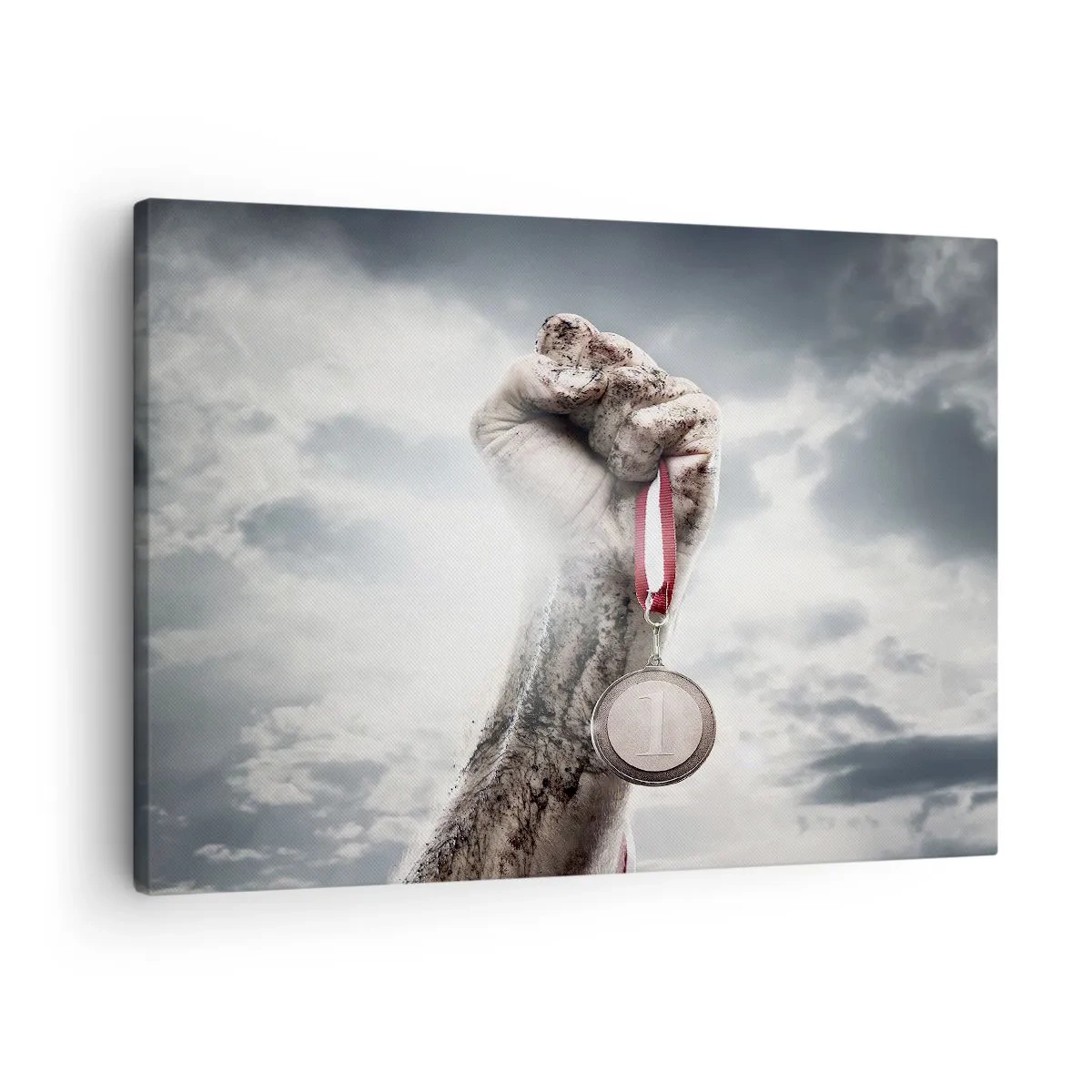 Canvas picture - hand raised with a medal against a cloudy sky - 70x50cm - Per Aspera Ad Astra - Modern wall decoration for the living room and bedroom ARTTOR