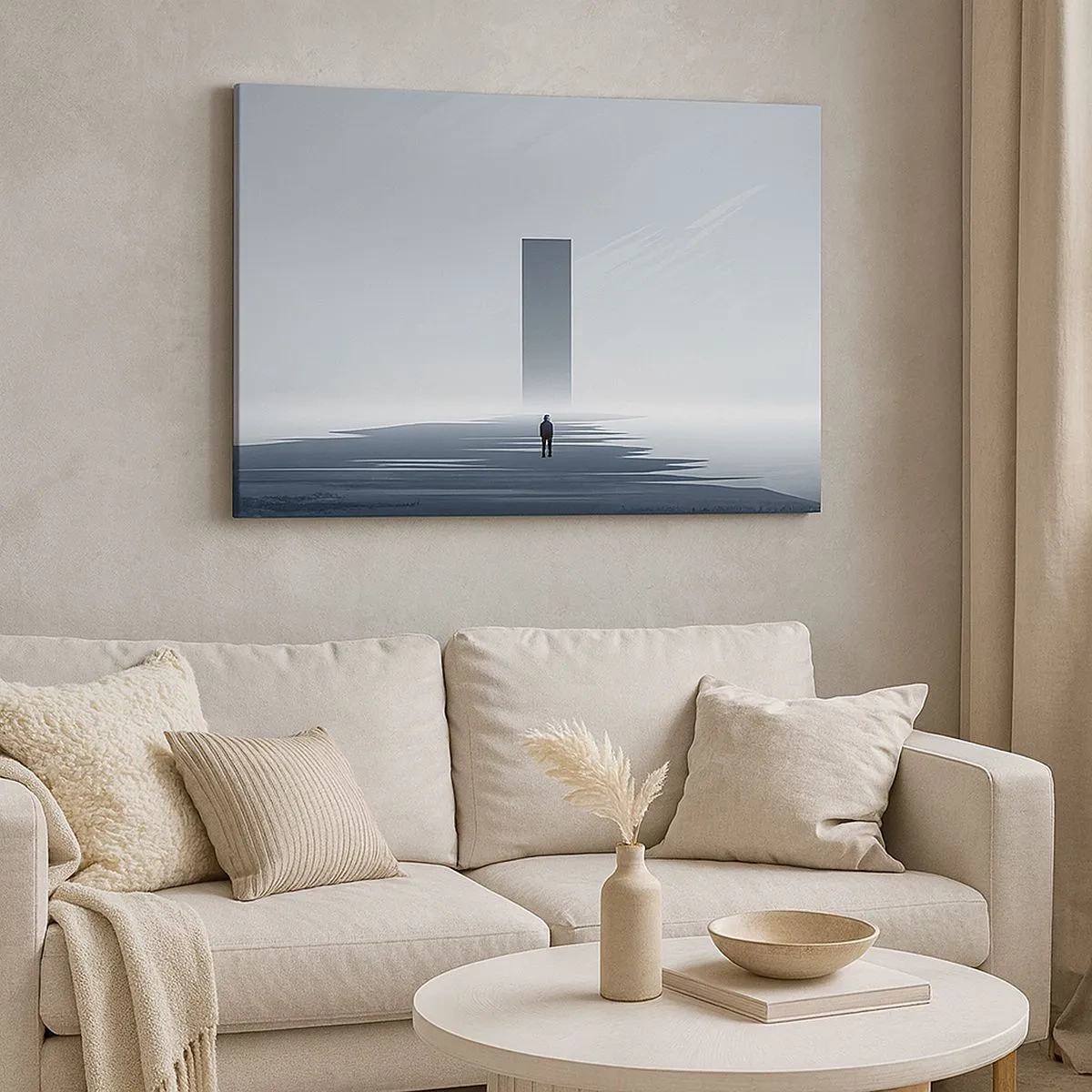 Canvas picture - A minimalist landscape with a silhouette next to a rectangular monolith - 70x50cm - Opportunity or Threat? - Modern wall decoration for the living room and bedroom ARTTOR