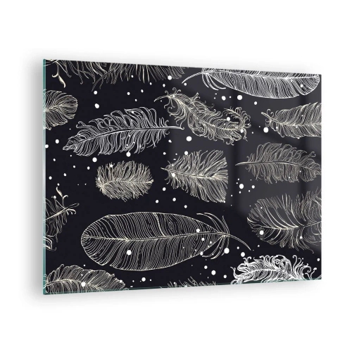 Glass picture - White feathers on a black background with subtle details - 70x50cm - Feathery Lace - Modern wall decoration for the living room and bedroom ARTTOR