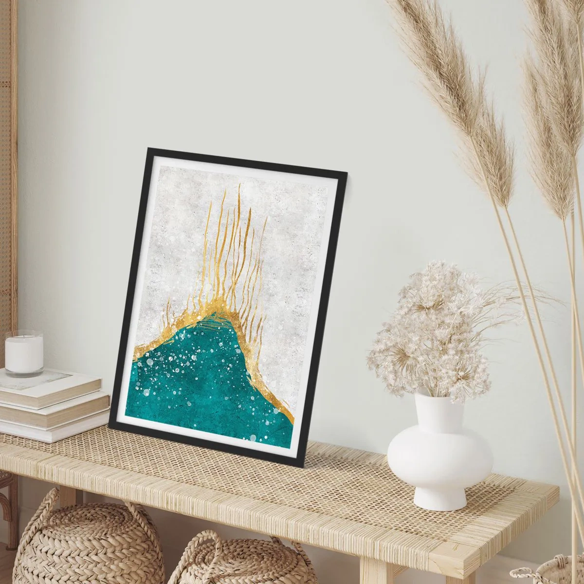 Poster in black frame - Abstract gold and blue composition - 50x70cm - Golden Tide - Modern wall decoration for the living room and bedroom ARTTOR