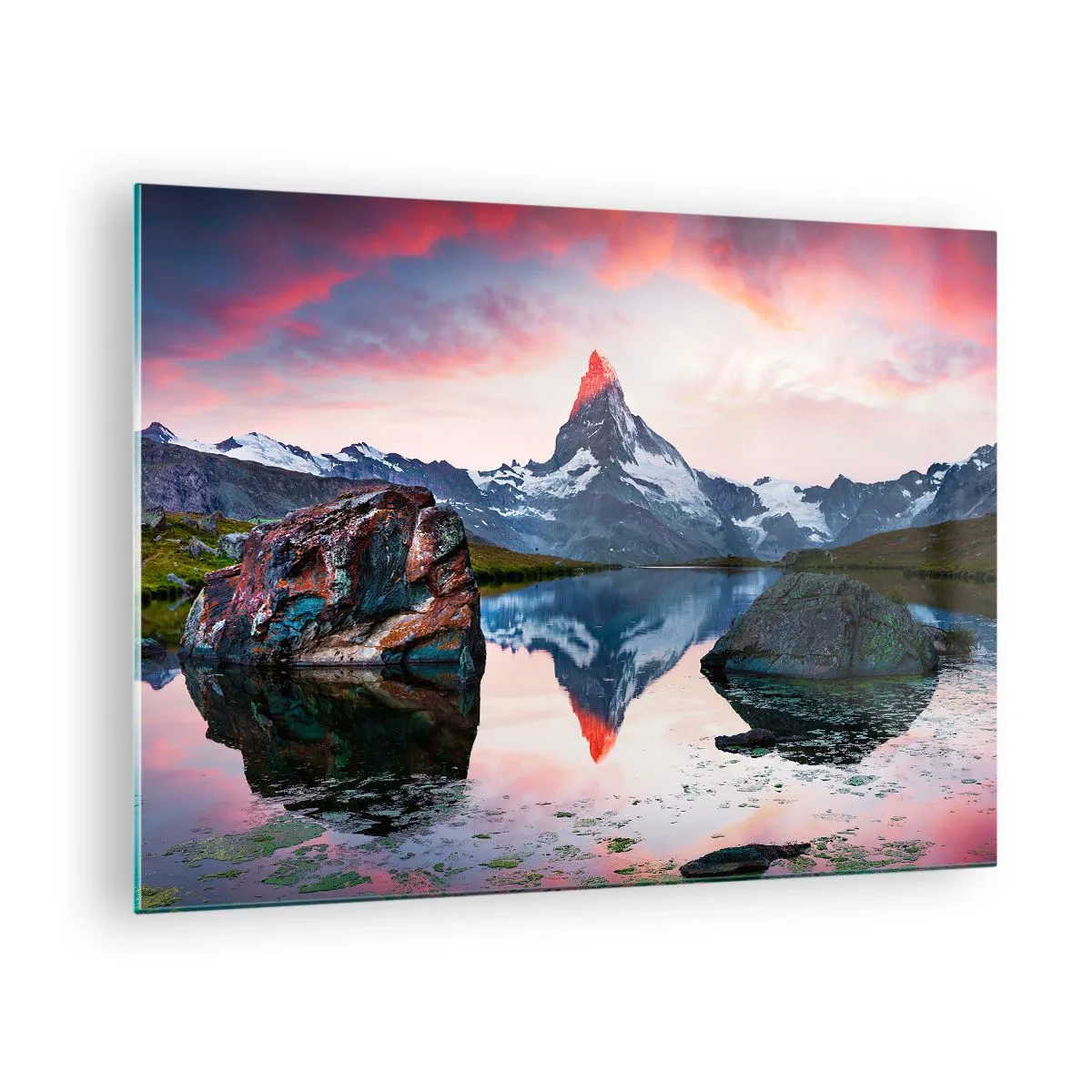 Glass picture - A mountain peak reflected in the calm surface of a lake at sunset - 70x50cm - Heart of the Mountains Is Hot - Modern wall decoration for the living room and bedroom ARTTOR