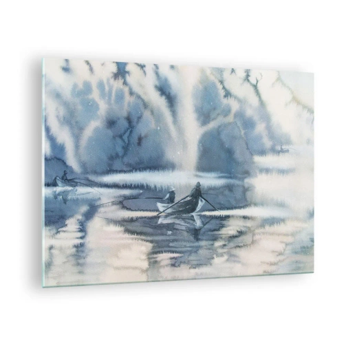 Glass picture - Two fishermen on a boat surrounded by a misty landscape - 70x50cm - Fishermen in Their Paradise - Modern wall decoration for the living room and bedroom ARTTOR