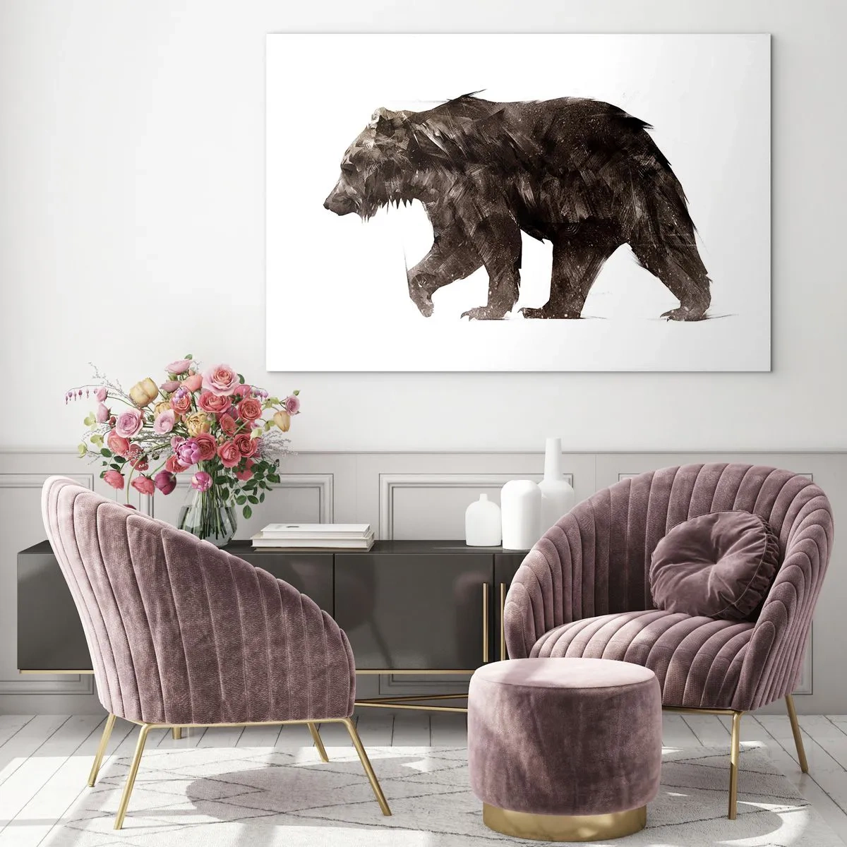 Glass picture - An artistic depiction of a brown bear in shades of brown and black. - 70x50cm - I Always Wear Real Fur! - Modern wall decoration for the living room and bedroom ARTTOR