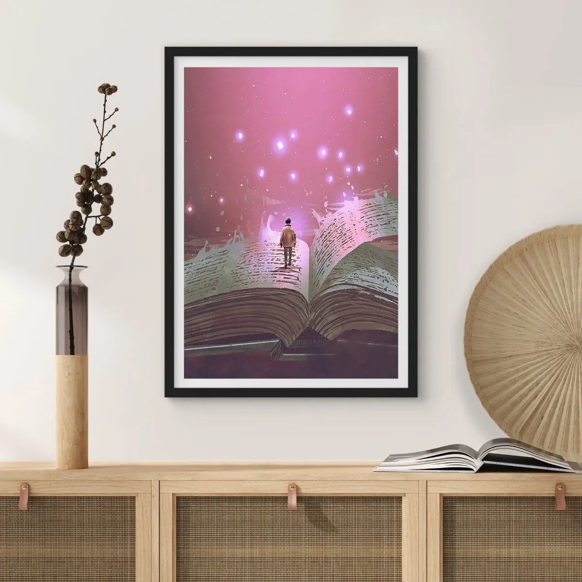 Poster in black frame - A figure in a magical setting standing on an open book - 50x70cm - Invitation to Another World -Read It! - Modern wall decoration for the living room and bedroom ARTTOR