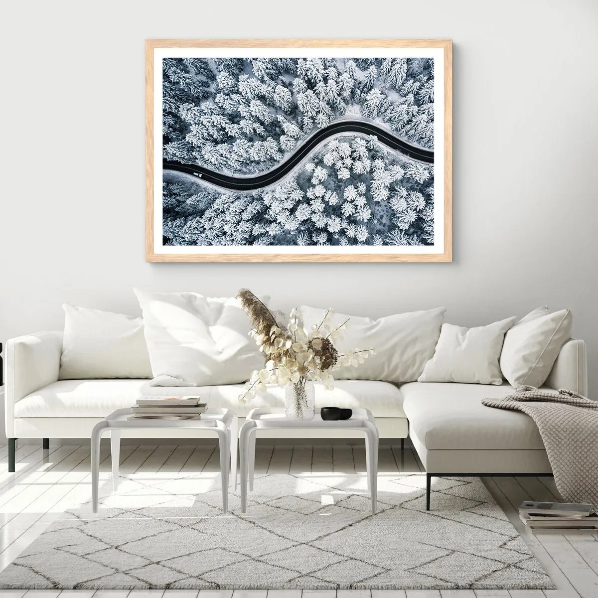 Poster in light oak frame - Through Wintery Forest - 100x70 cm