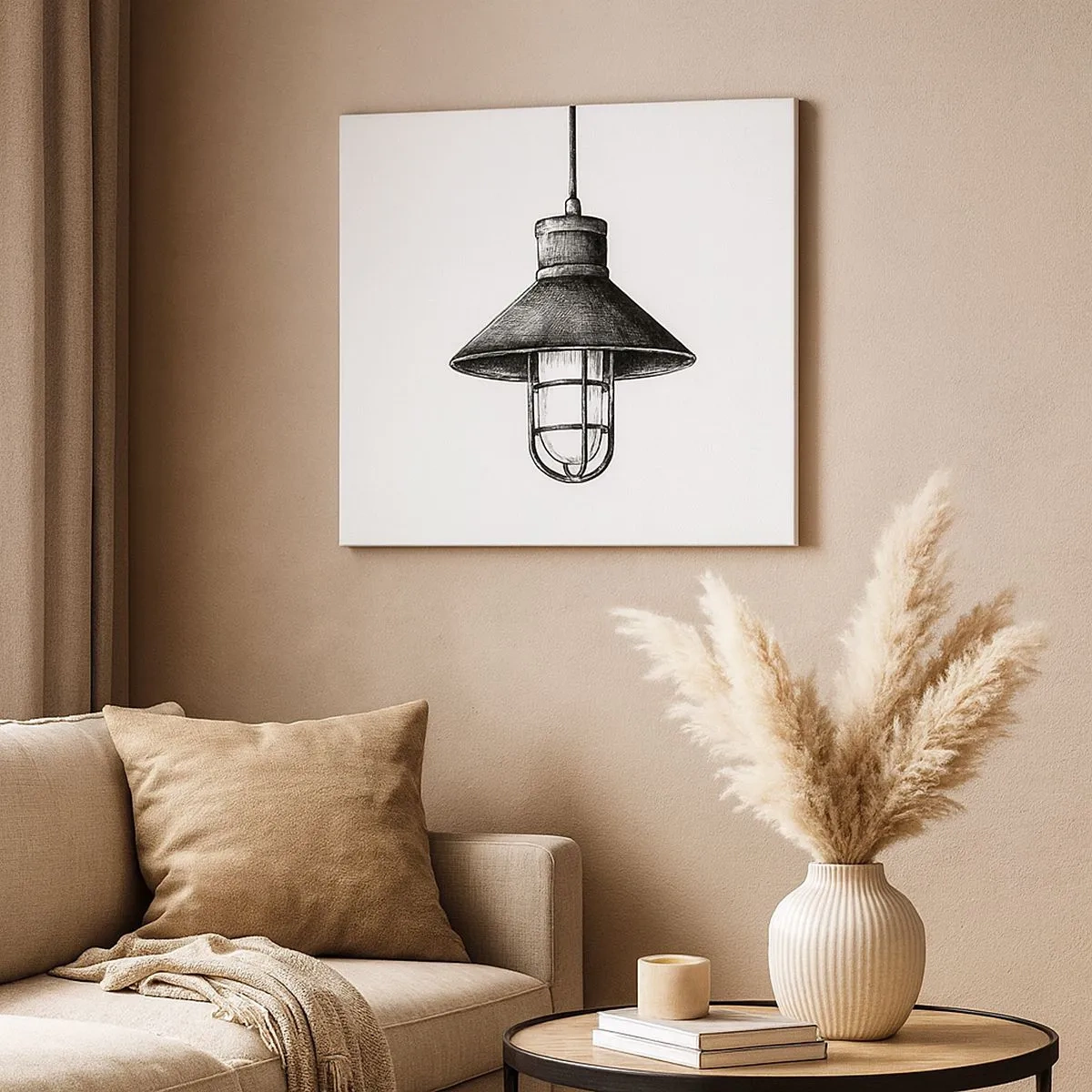 Canvas picture - Drawing of a retro hanging lamp on a white background - 70x50cm - Like In the Old Days… - Modern wall decoration for the living room and bedroom ARTTOR