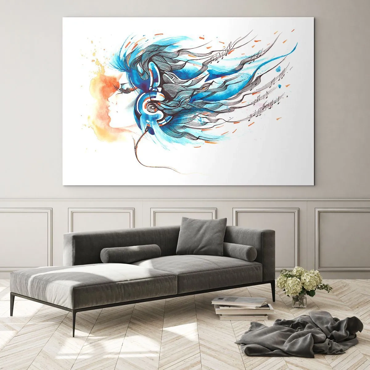 Glass picture - A woman with blue hair and headphones, in a musical expression - 70x50cm - Let The Music Play - Modern wall decoration for the living room and bedroom ARTTOR