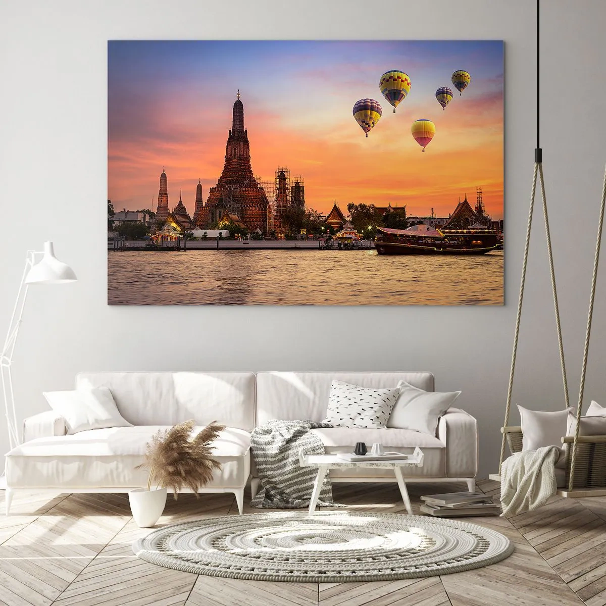 Glass picture - Temple by the River at Sunset with Balloons - 70x50cm - Here Is Where Fairtales Are Born - Modern wall decoration for the living room and bedroom ARTTOR