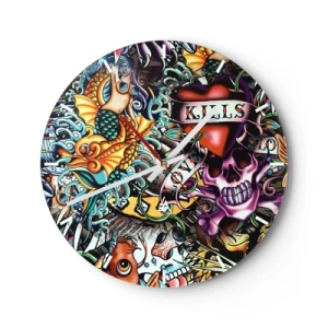 Wall clock - Clock on glass - Colorful skull, mermaid, and heart tattoo motif - 30x30cm - Dream of a Tattoo Artist - Modern wall decoration for the living room, kitchen, and bedroom ARTTOR