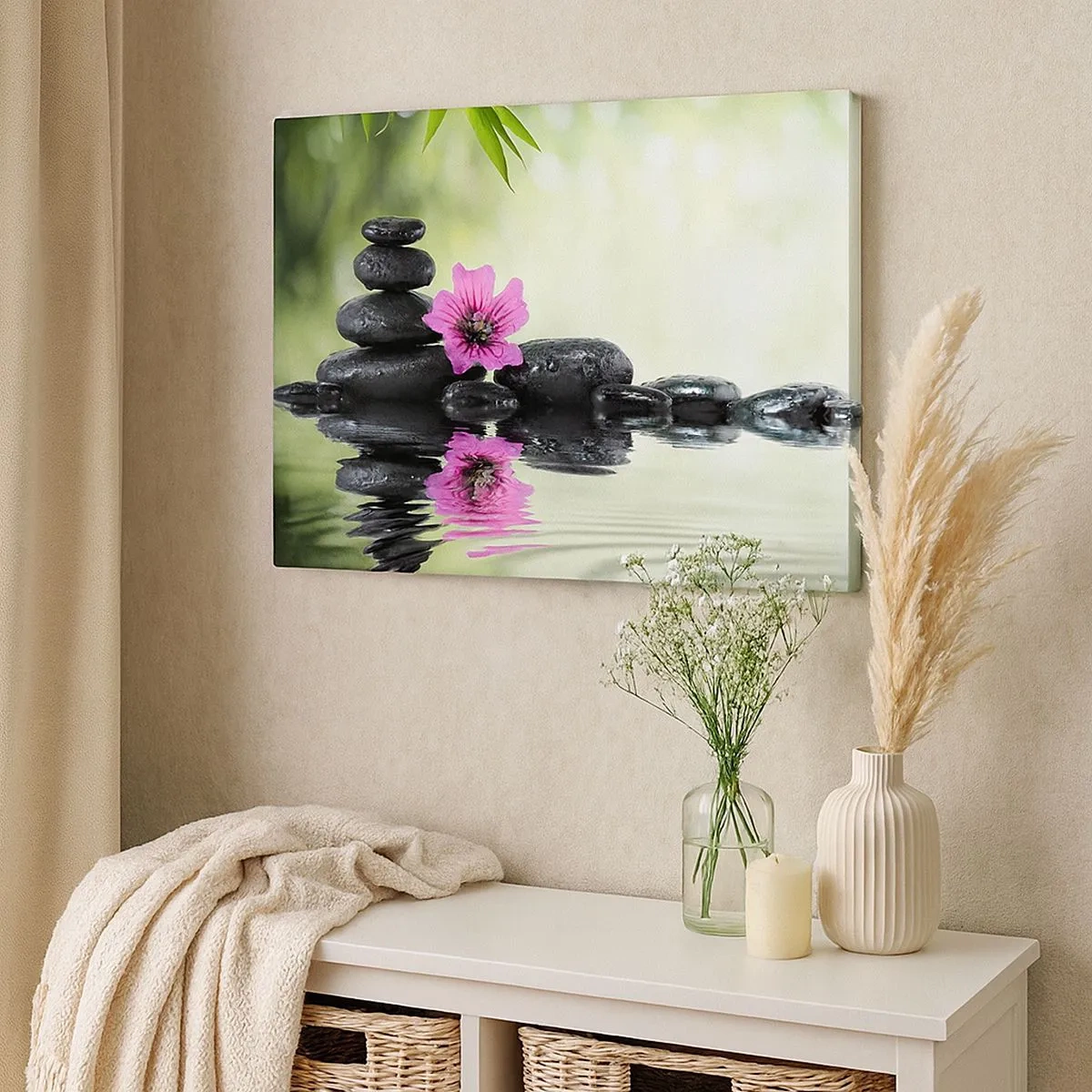 Canvas picture - Zen stones and a pink flower reflected in the water - 70x50cm - Time for the Soul - Modern wall decoration for the living room and bedroom ARTTOR