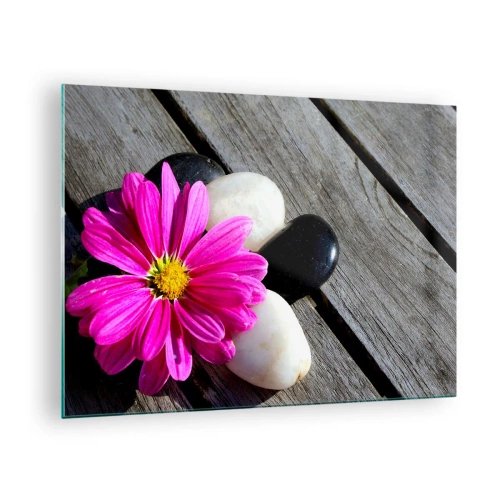 Glass picture - Pink flower with stones on a wooden background - 70x50cm - Rest on a Pier - Modern wall decoration for the living room and bedroom ARTTOR