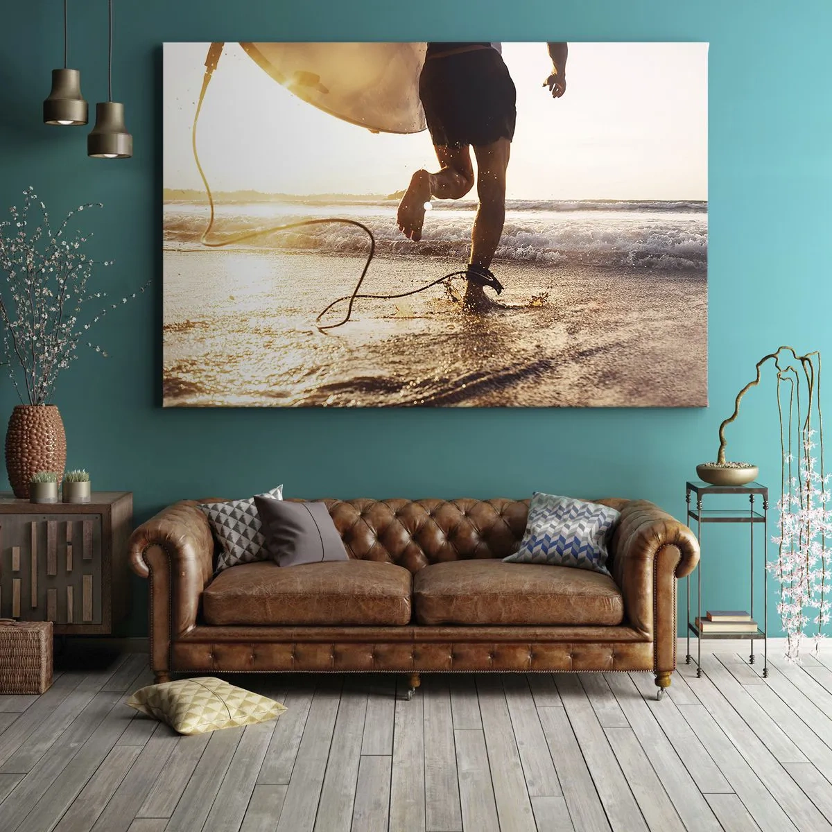 Canvas picture - A surfer runs along the beach with his board in the sunshine. - 70x50cm - Encounter with a Wave - Modern wall decoration for the living room and bedroom ARTTOR