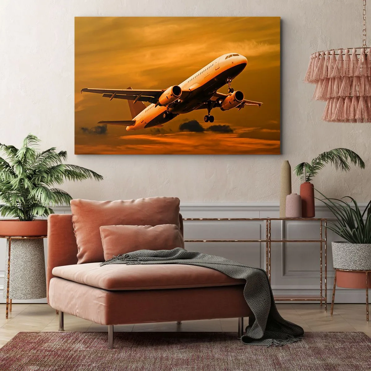 Canvas picture - A passenger plane taking off against a golden sunset sky. - 70x50cm - Flight towards the Sun - Modern wall decoration for the living room and bedroom ARTTOR