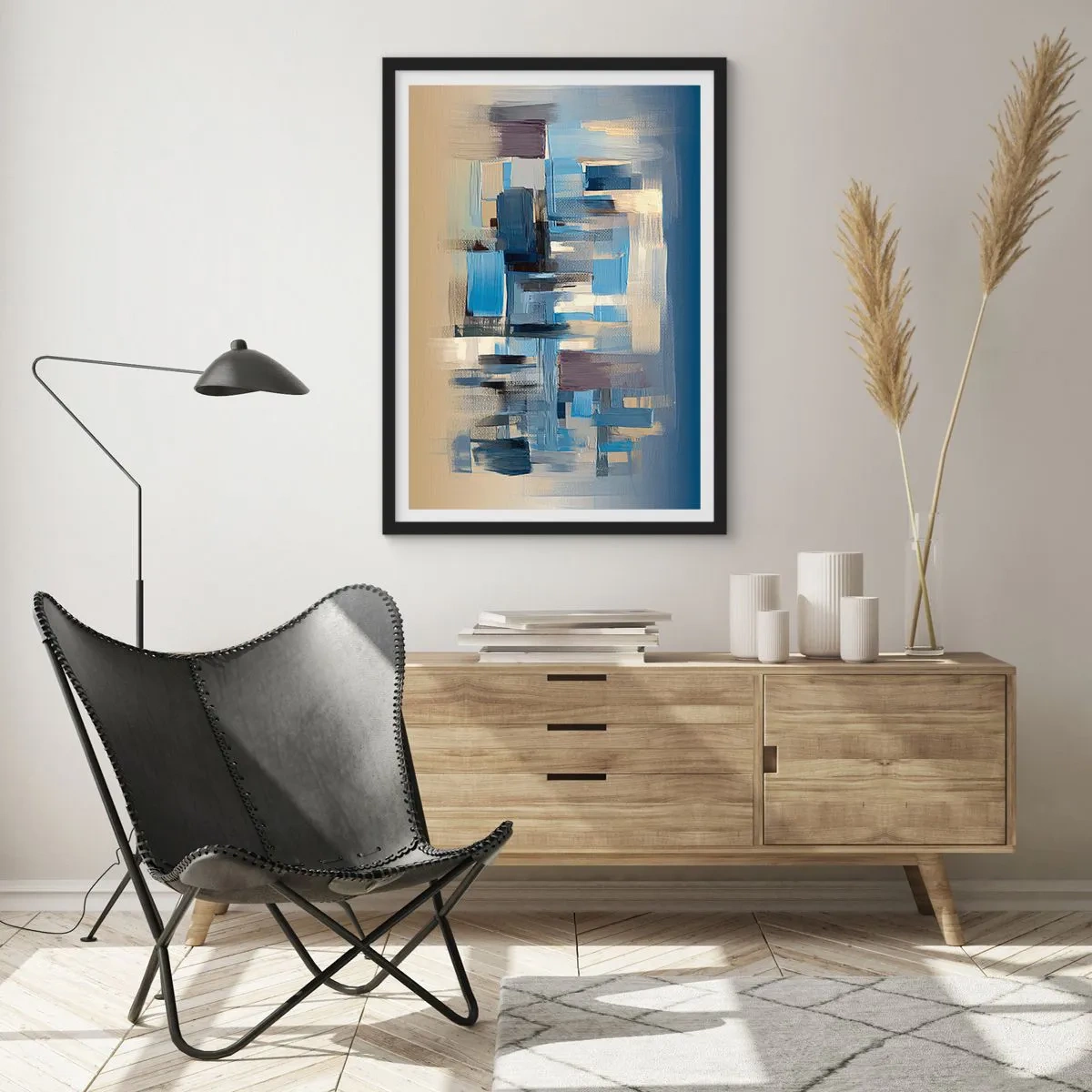 Poster in black frame - Abstract geometric composition in shades of blue - 50x70cm - Blue Construction - Modern wall decoration for the living room and bedroom ARTTOR