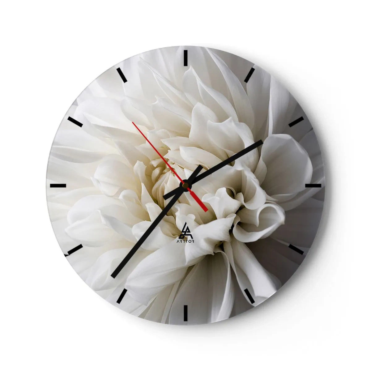 Wall clock - Clock on glass - A delicate white flower with a close-up of the petals - 30x30cm - Bride's Morning - Modern wall decoration for the living room, kitchen, and bedroom ARTTOR
