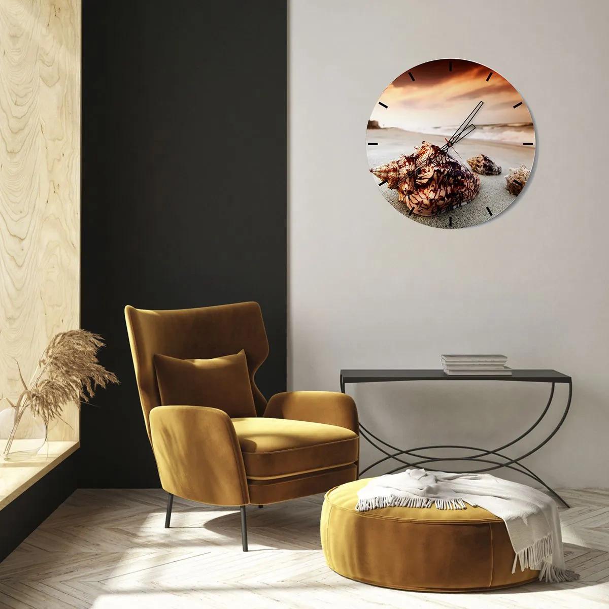 Wall clock - Clock on glass - Shells on the beach in the rays of the setting sun - 30x30cm - Expelled by Waves - Modern wall decoration for the living room, kitchen, and bedroom ARTTOR