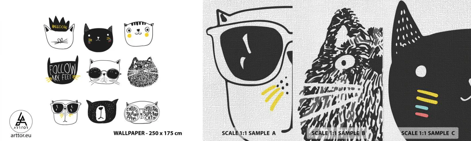 Photo Wallpaper Sample Premium Canvas - Each Is Different All the Same - Cat, Illustration, Graphics - 100x30 cm