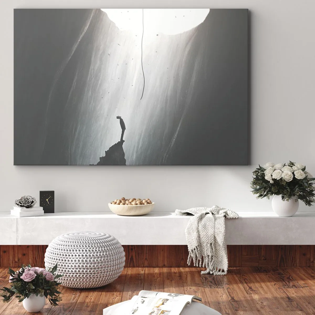 Canvas picture - Silhouette of a man on the floor of a cave with a view of the light - 70x50cm - There Is Always Some Way Out - Modern wall decoration for the living room and bedroom ARTTOR