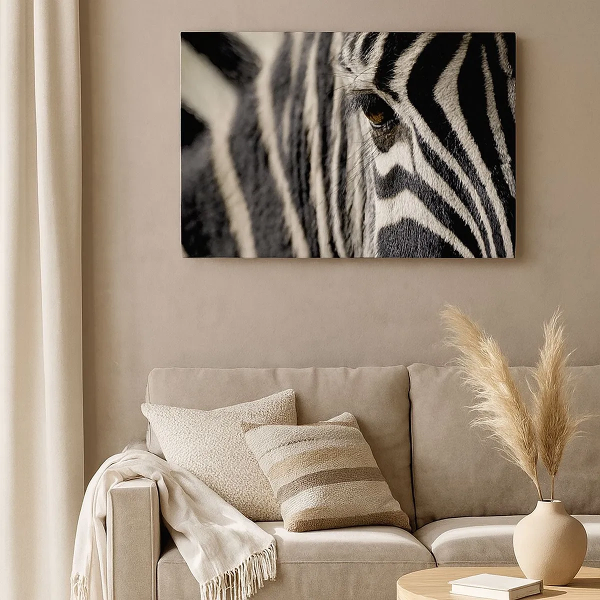 Canvas picture - Close-up of a zebra's eye with black and white stripes - 70x50cm - Striped Portrait - Modern wall decoration for the living room and bedroom ARTTOR