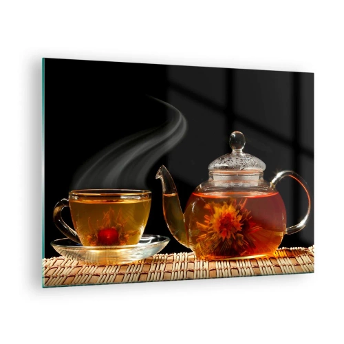 Glass picture - A glass jug and a cup of tea with a flower on a black background - 70x50cm - Magic and Art of Tea Making - Modern wall decoration for the living room and bedroom ARTTOR
