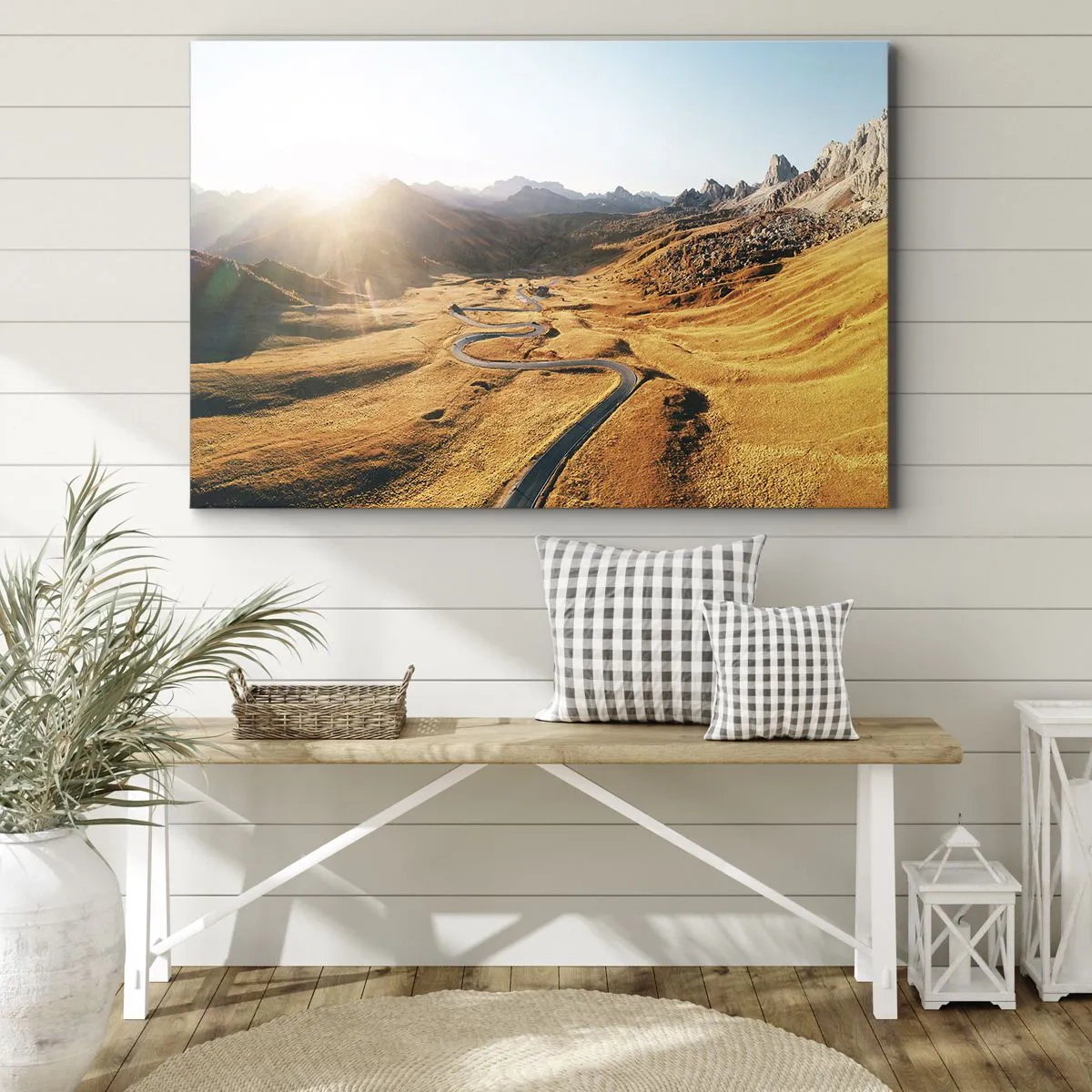 Canvas picture - winding road in the mountains lit by the setting sun - 70x50cm - In a Golden Valley - Modern wall decoration for the living room and bedroom ARTTOR