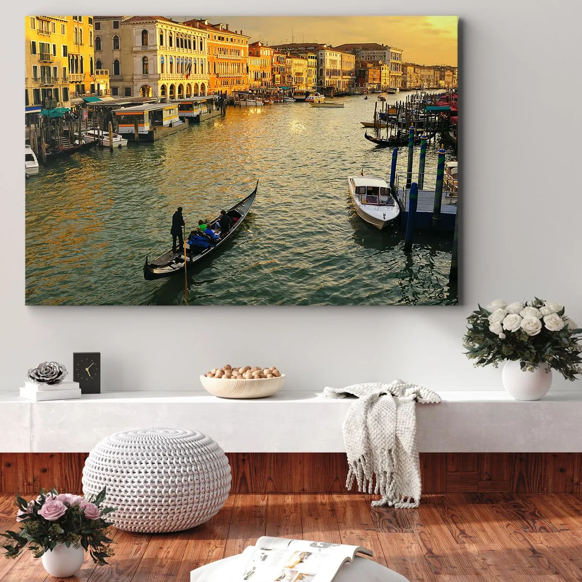 Canvas picture - Gondola on a Venice canal at sunset - 70x50cm - On the Sunny side of a Street - Modern wall decoration for the living room and bedroom ARTTOR