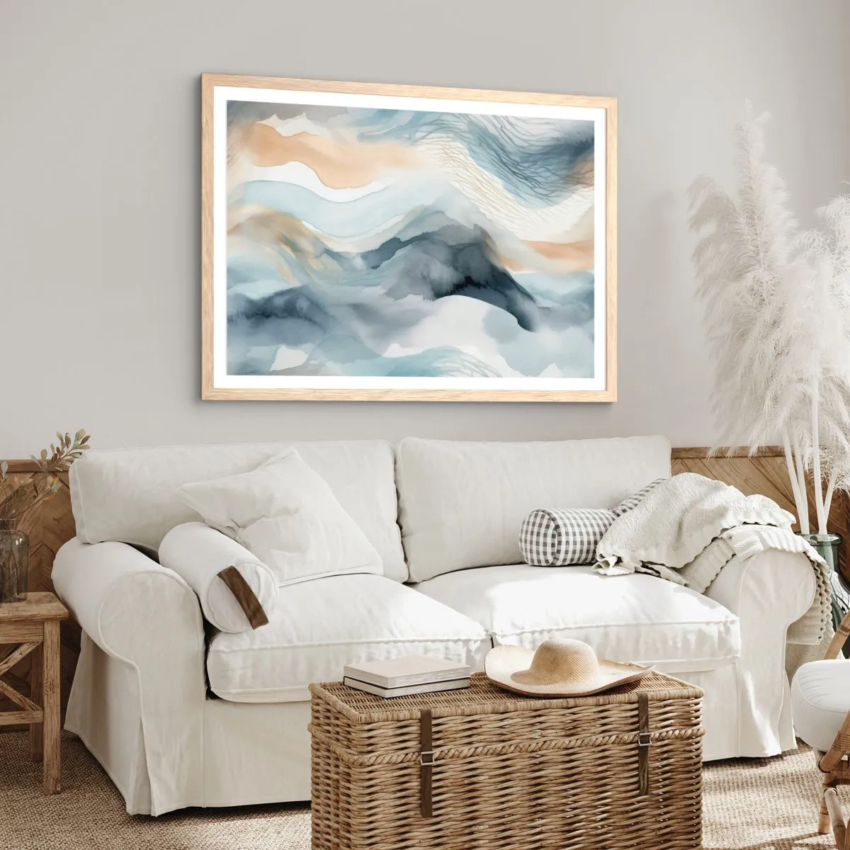 Poster in light oak frame - Snowy and Foggy Abstract - 70x50 cm