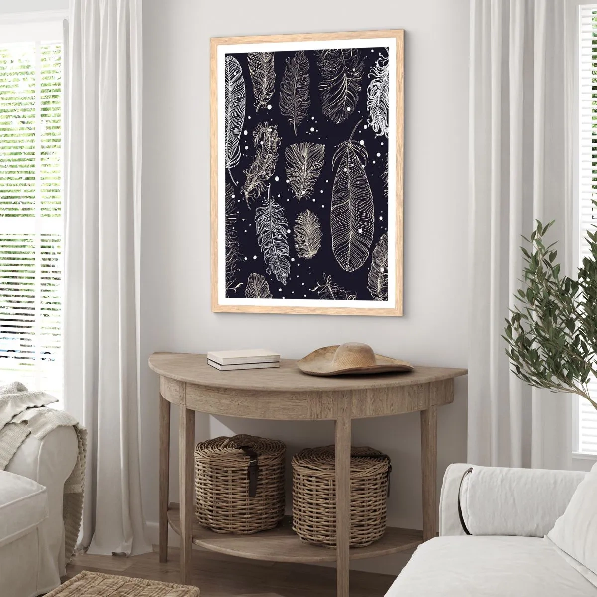 Poster in light oak frame - Feathery Lace - 70x100 cm