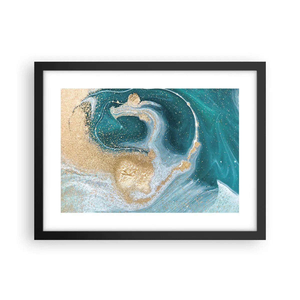 Poster in black frame - Swirl of Gold and Turquiose - 40x30 cm