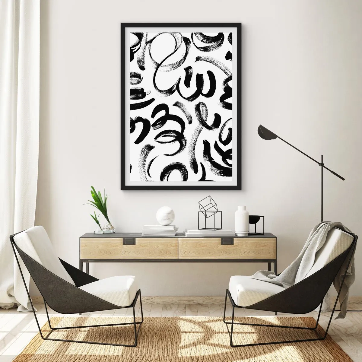 Poster in black frame - Abstract black brush strokes on a white background - 50x70cm - Black on White - Modern wall decoration for the living room and bedroom ARTTOR