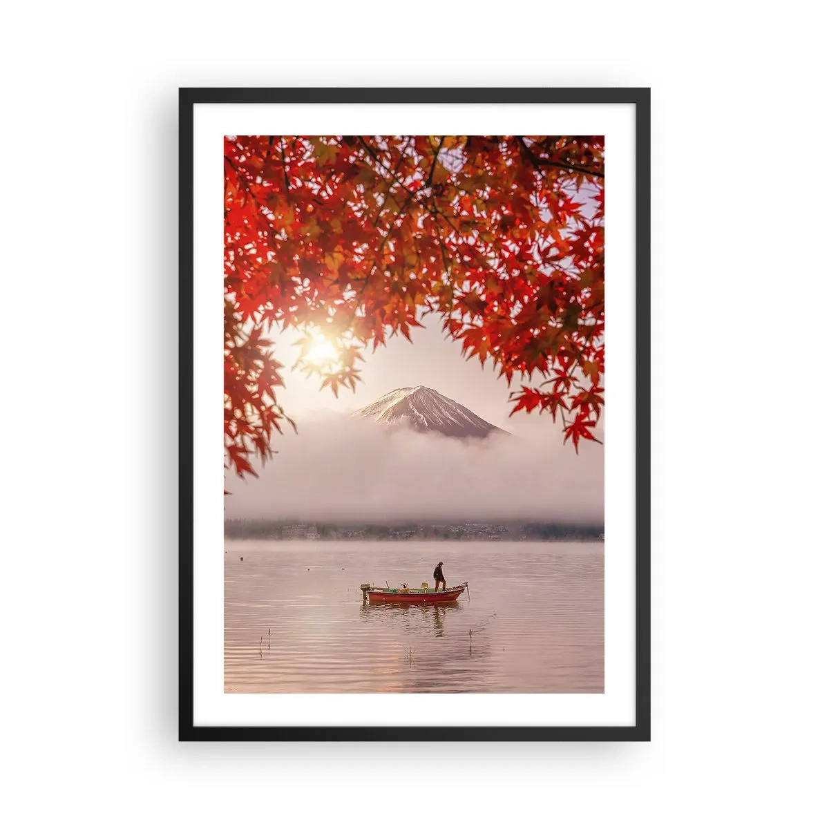 Poster in black frame - Mount Fuji with a boat on a lake and autumn leaves - 50x70cm - In Japanese Style - Modern wall decoration for the living room and bedroom ARTTOR