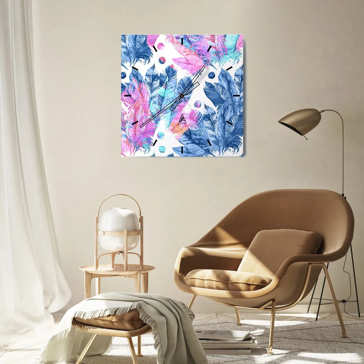 Wall clock - Clock on glass - Pink and Blue Plumes - 30x30 cm