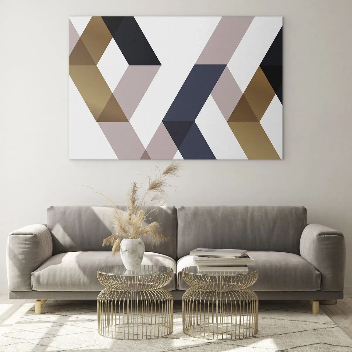 Glass picture - Geometric pattern in gold and beige shades - 70x50cm - Planes and Angles - Modern wall decoration for the living room and bedroom ARTTOR