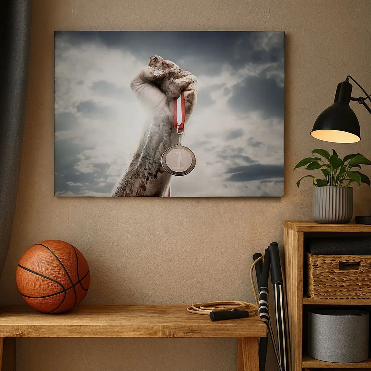 Canvas picture - hand raised with a medal against a cloudy sky - 70x50cm - Per Aspera Ad Astra - Modern wall decoration for the living room and bedroom ARTTOR