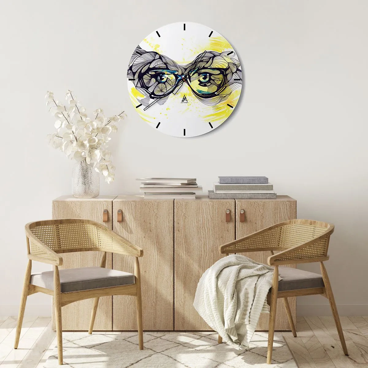 Wall clock - Clock on glass - Blue glasses in an artistic style with geometric details and a yellow background. - 30x30cm - Through Blue Glasses - Modern wall decoration for the living room, kitchen, and bedroom ARTTOR