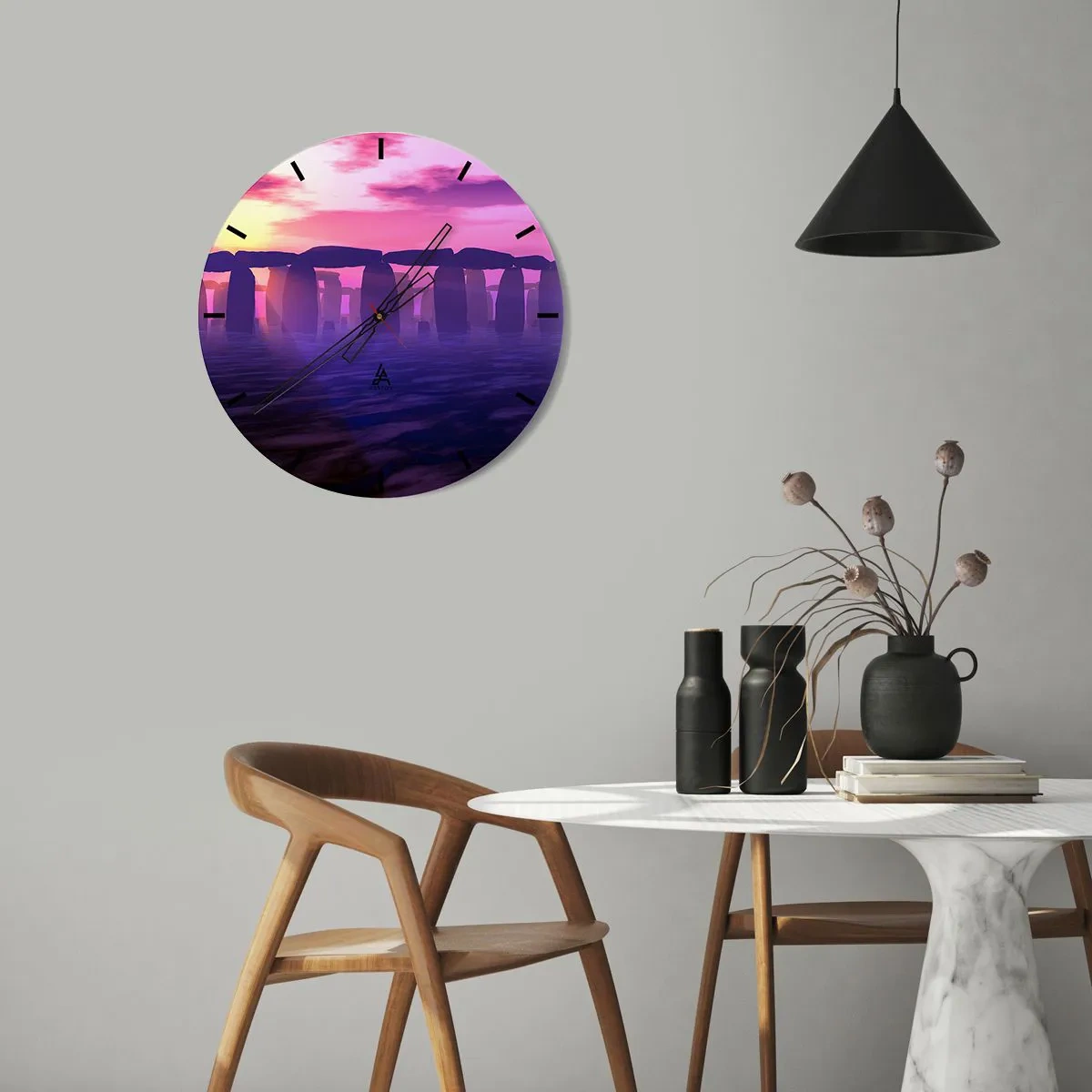 Wall clock - Clock on glass - stone circle in the light of the setting sun - 30x30cm - Secret at a Foggy Dawn - Modern wall decoration for the living room, kitchen, and bedroom ARTTOR
