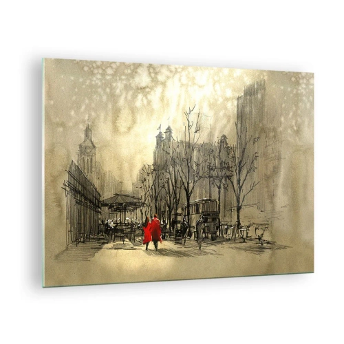 Glass picture - A Date in the London Fog with a Red Coat Accent - 70x50cm - A Date in London Fog - Modern wall decoration for the living room and bedroom ARTTOR