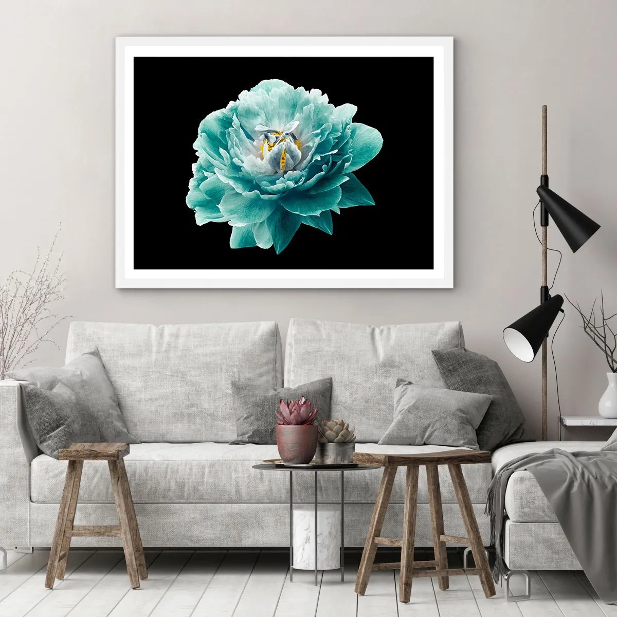 Poster in white frmae - Blue and Gold Petals - 100x70 cm