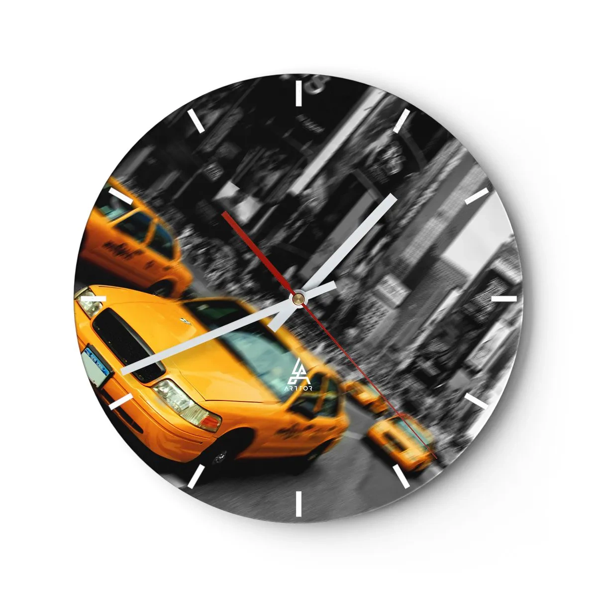Wall clock - Clock on glass - Yellow taxis on a New York street in the background - 30x30cm - New York Sun Drops - Modern wall decoration for the living room, kitchen, and bedroom ARTTOR
