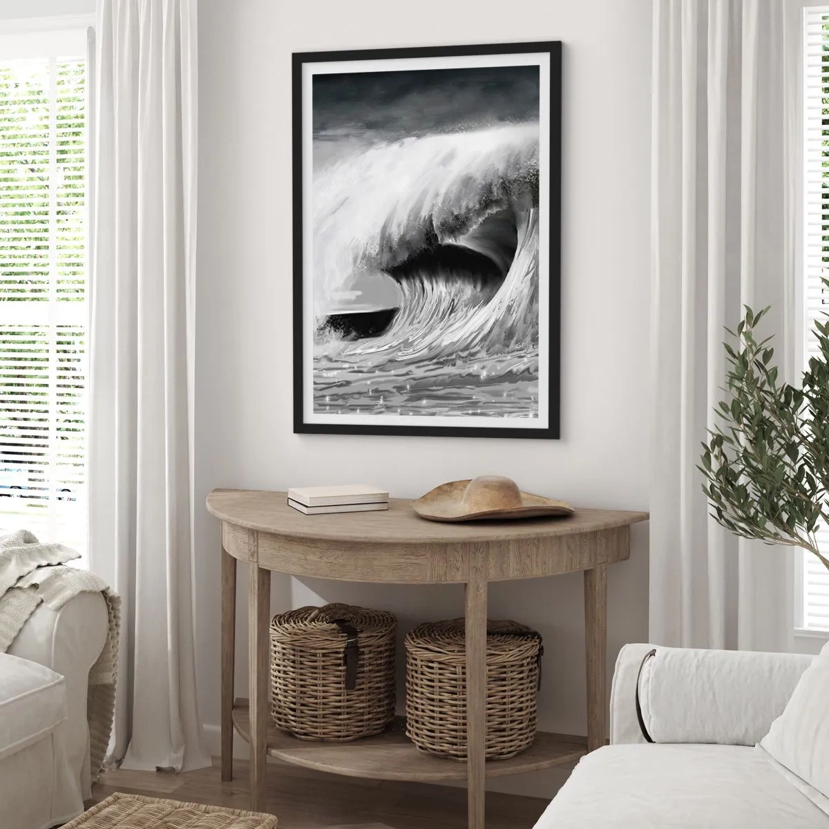 Poster in black frame - A powerful wave in shades of gray - 50x70cm - Wrath of the Ocean - Modern wall decoration for the living room and bedroom ARTTOR