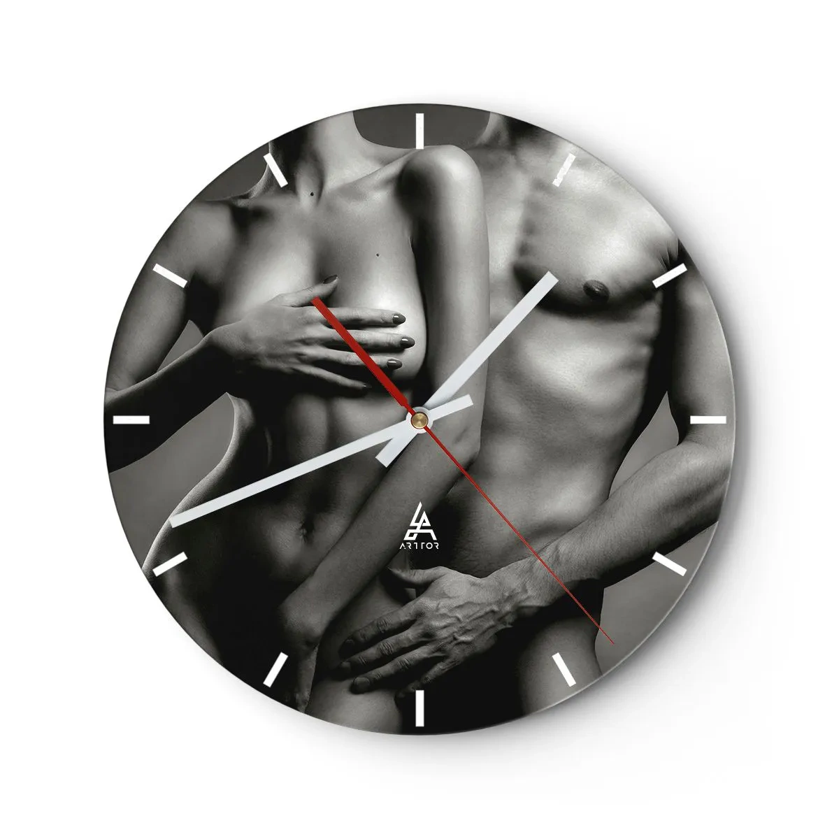 Wall clock - Clock on glass - Artistic nude in shades of black and white - 30x30cm - Adam and Eve - Modern wall decoration for the living room, kitchen, and bedroom ARTTOR