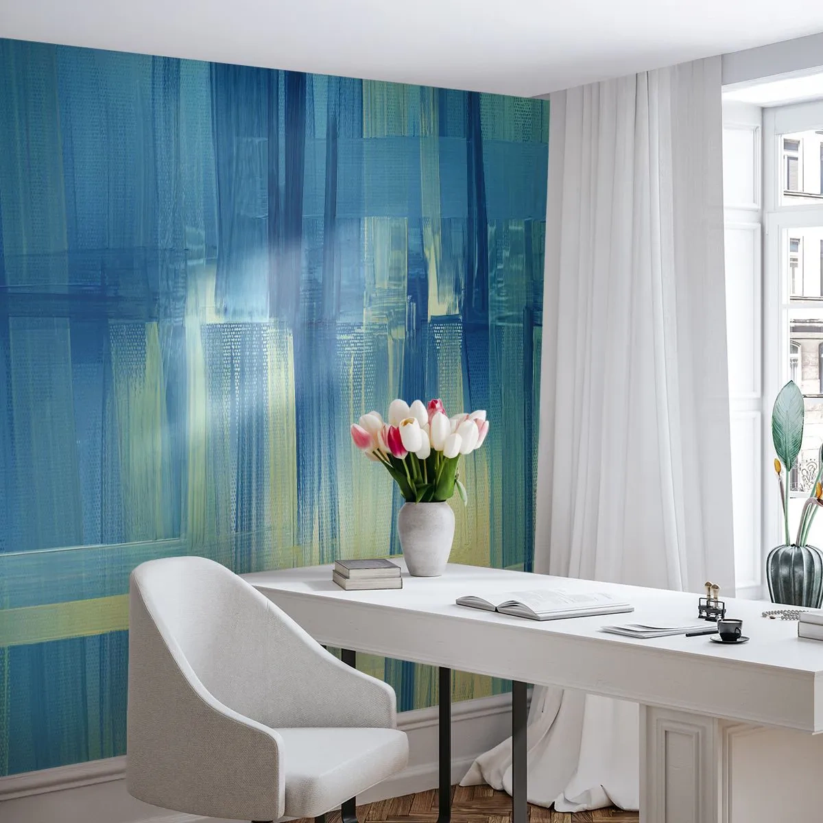 Photo Wallpaper Premium Canvas - Composition In Turquoise - Abstraction, Belts, Maritime - 300x210 cm