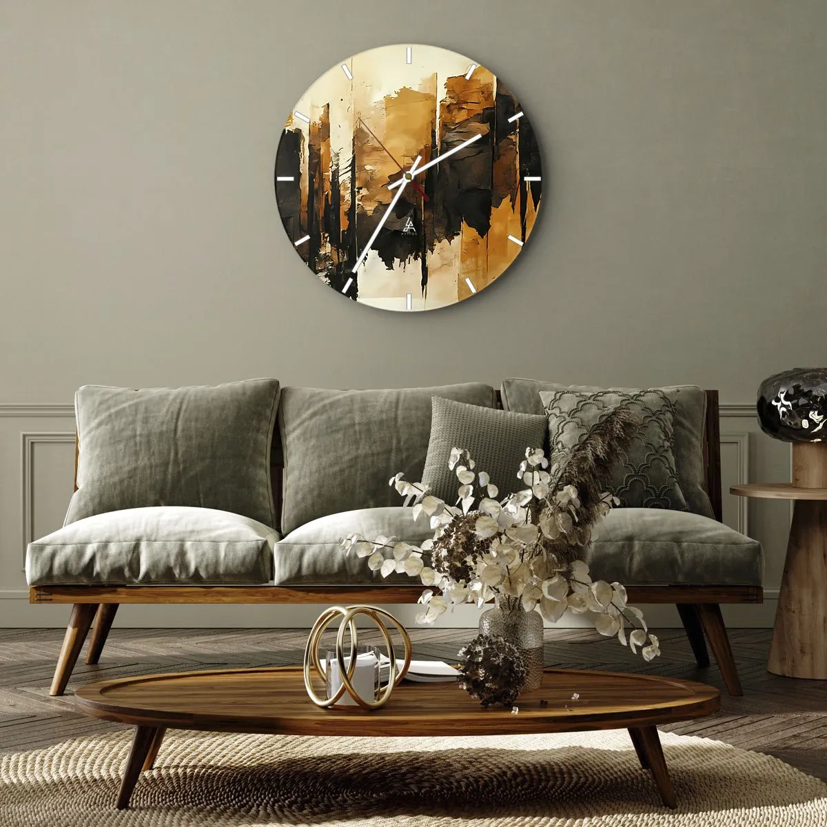 Wall clock - Clock on glass - Harmony of Black and Gold - 40x40 cm