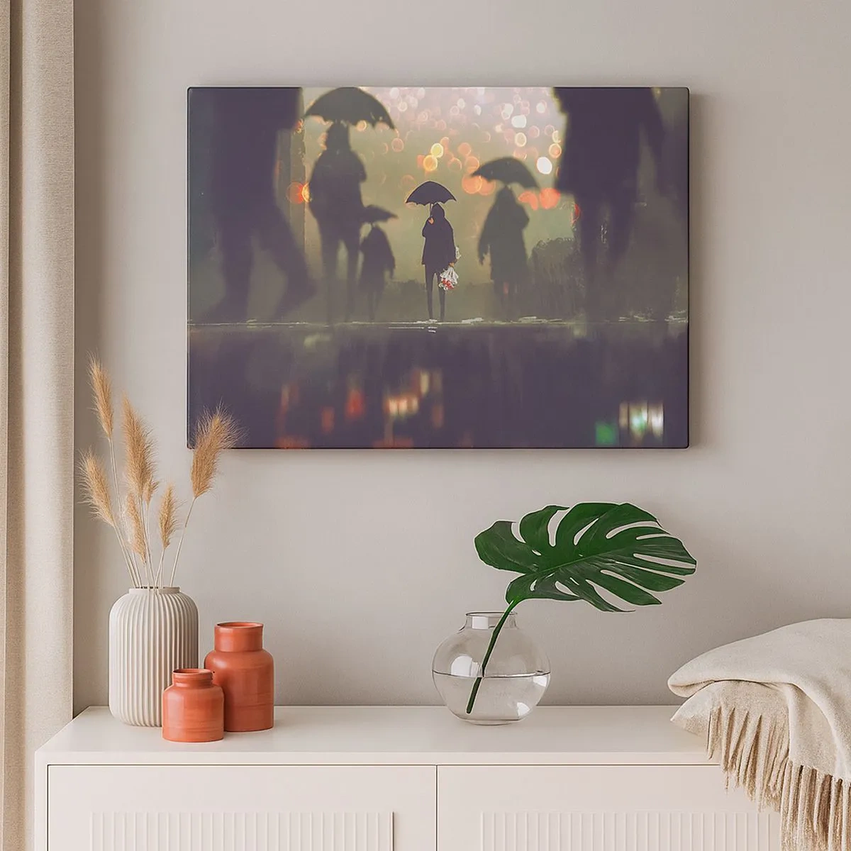 Canvas picture - A figure with an umbrella on a rainy evening among the city lights - 70x50cm - From Perspective of a Raindrop - Modern wall decoration for the living room and bedroom ARTTOR