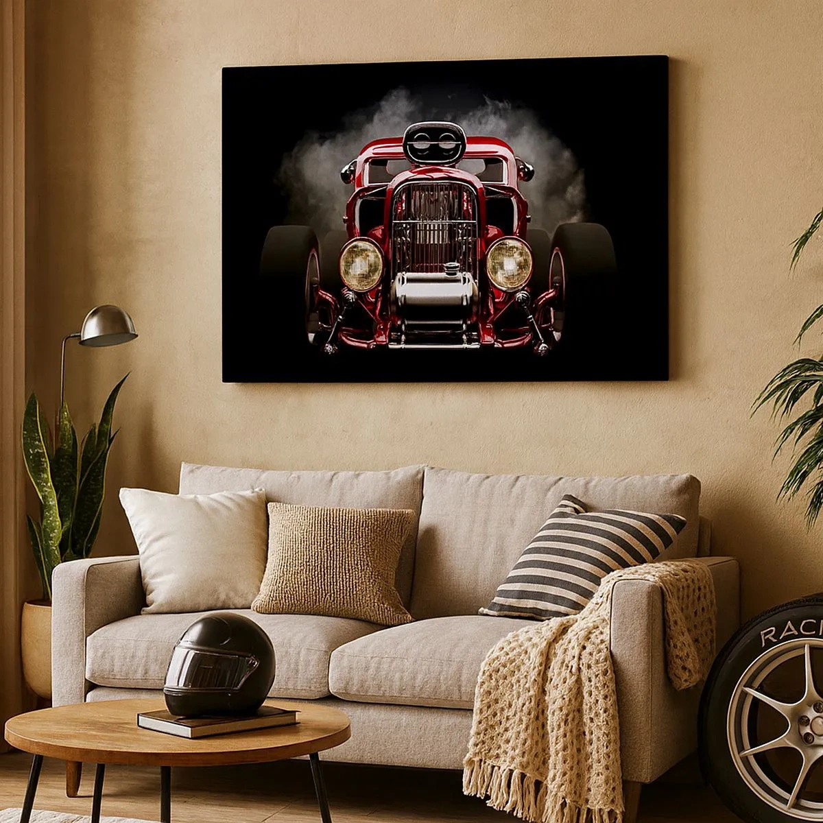 Canvas picture - Red classic racing car on a dark background - 70x50cm - Fast and Furiously Beautiful - Modern wall decoration for the living room and bedroom ARTTOR