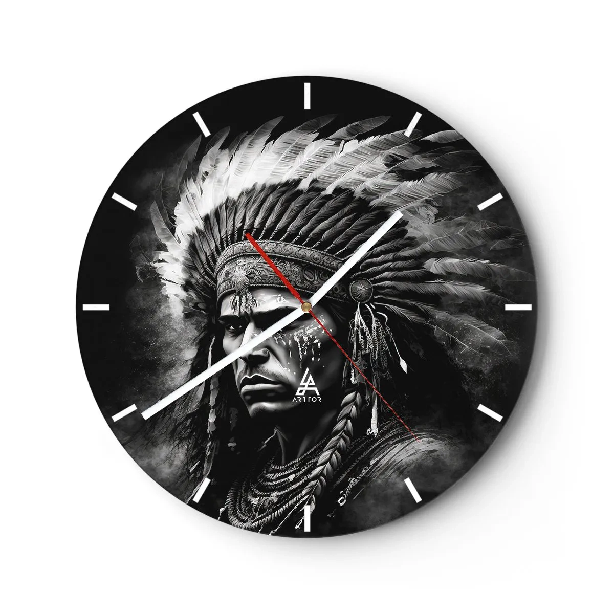 Wall clock - Clock on glass - Portrait of a chief with a feathered headdress in a monochrome style - 30x30cm - Chief and Warrior - Modern wall decoration for the living room, kitchen, and bedroom ARTTOR