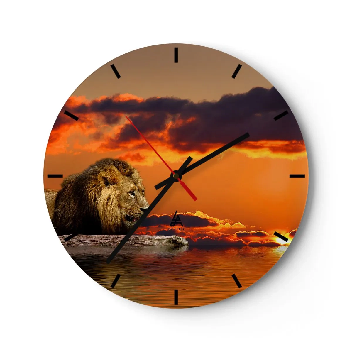 Wall clock - Clock on glass - A lion resting against the backdrop of a sunset - 30x30cm - The King of Nature - Modern wall decoration for the living room, kitchen, and bedroom ARTTOR