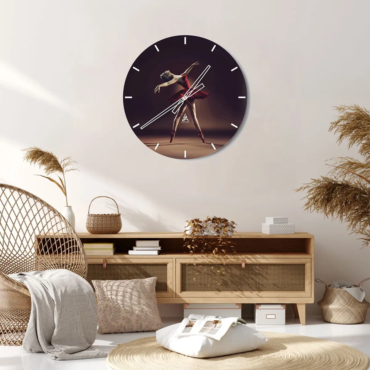 Wall clock - Clock on glass - A ballerina in a red dress in a dynamic pose - 30x30cm - Prima Ballerina - Modern wall decoration for the living room, kitchen, and bedroom ARTTOR