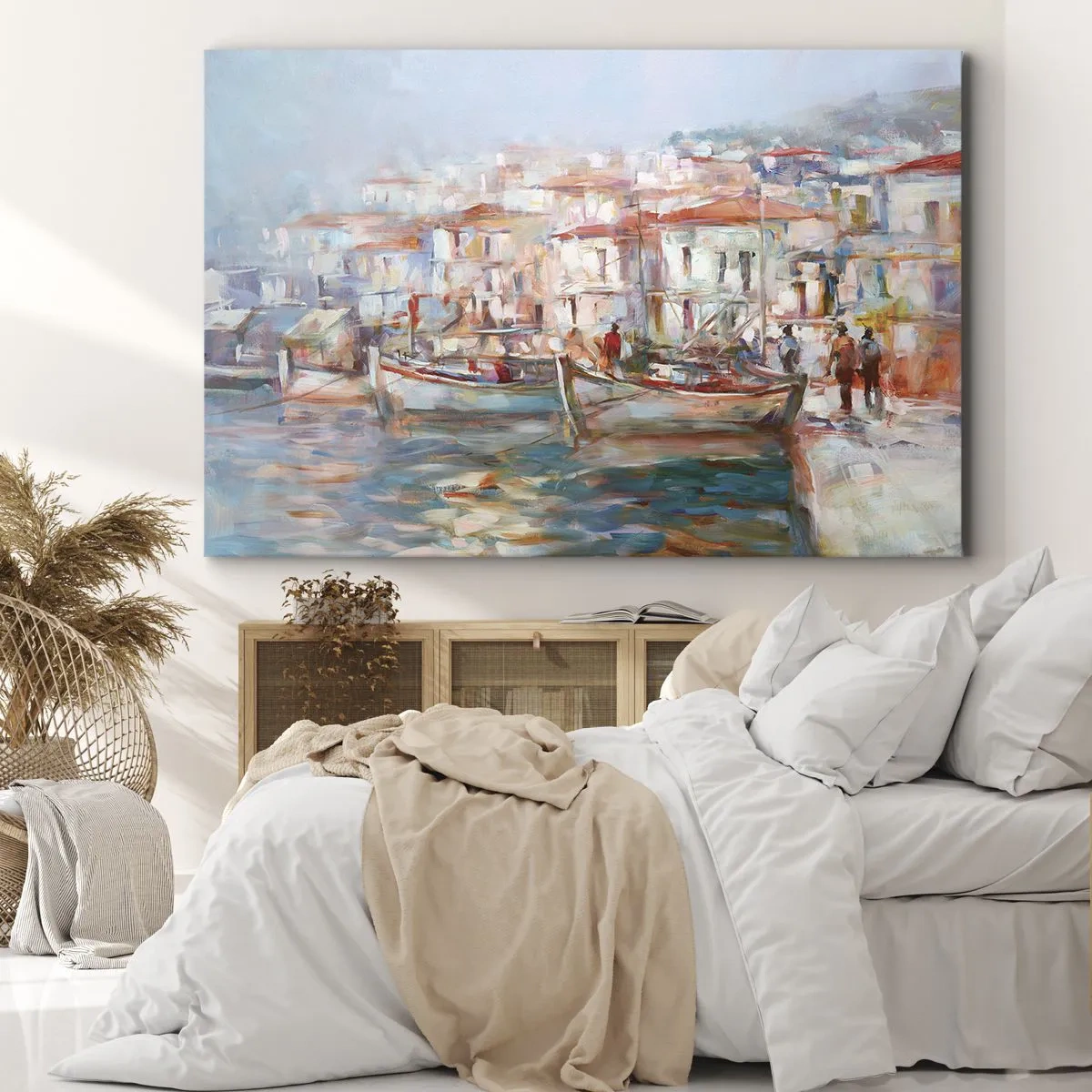 Canvas picture - Port impression with boats and buildings - 70x50cm - Holidays in Pastel - Modern wall decoration for the living room and bedroom ARTTOR